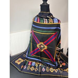 Talbots Navy Blue 100% Silk Square Scarf Military Medal Heraldic Crest 36x36